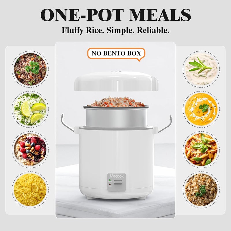 Macook Rice Cooker Small 1-1.5 Cups Uncooked(3 Cups Cooked), Mini Rice Cooker with Removable Nonstick Pot, One Touch&Keep Warm Function, Travel Rice Cooker for Soup Grain Oatmeal Veggie, White - Image 2